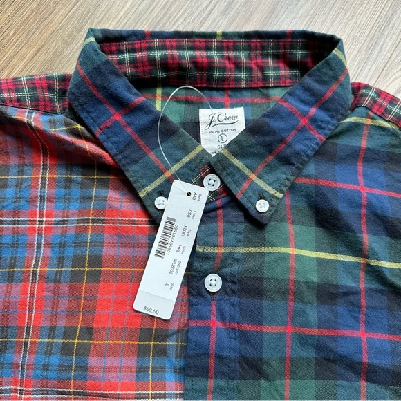J. Crew Mens Long Sleeve Tartan Patchwork Plaid Button Shirt Large Slim Fit NEW - Picture 1 of 7